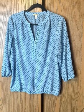 DANA BUCHMAN ANCHOR PRINT COASTAL NAUTICAL BLOUSE SIZE L LIGHT BLUE 3/4 SLEEVES
